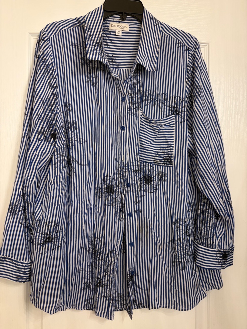 Kim Rogers Navy and White Striped Button-Down Shirt with Black floral print